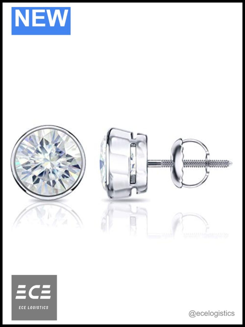 14k White Gold Moissanite Stud Earrings Bezel Set Screw Back